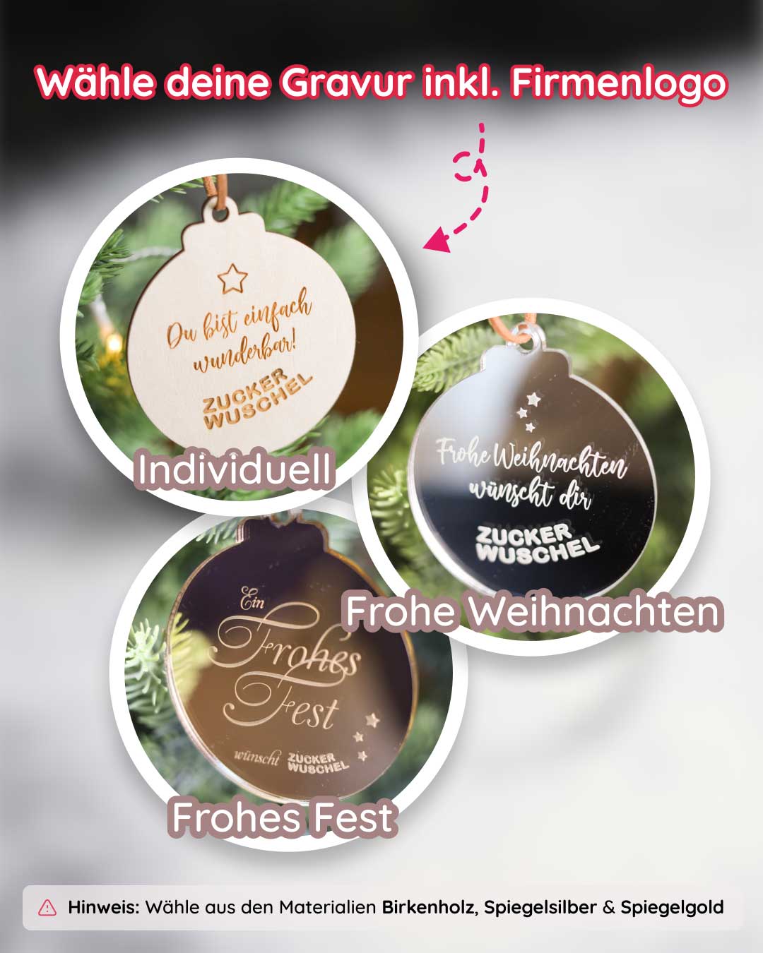 Christbaumkugel Anhänger Auswahl Gravur Firmenlogo Zuckerwuschel