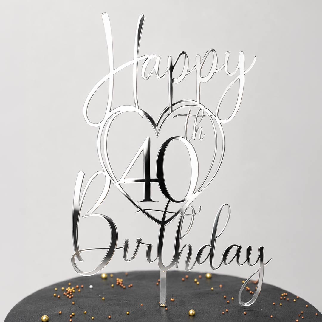 Cake Topper Happy Birthday Herz mit Zahl Silber