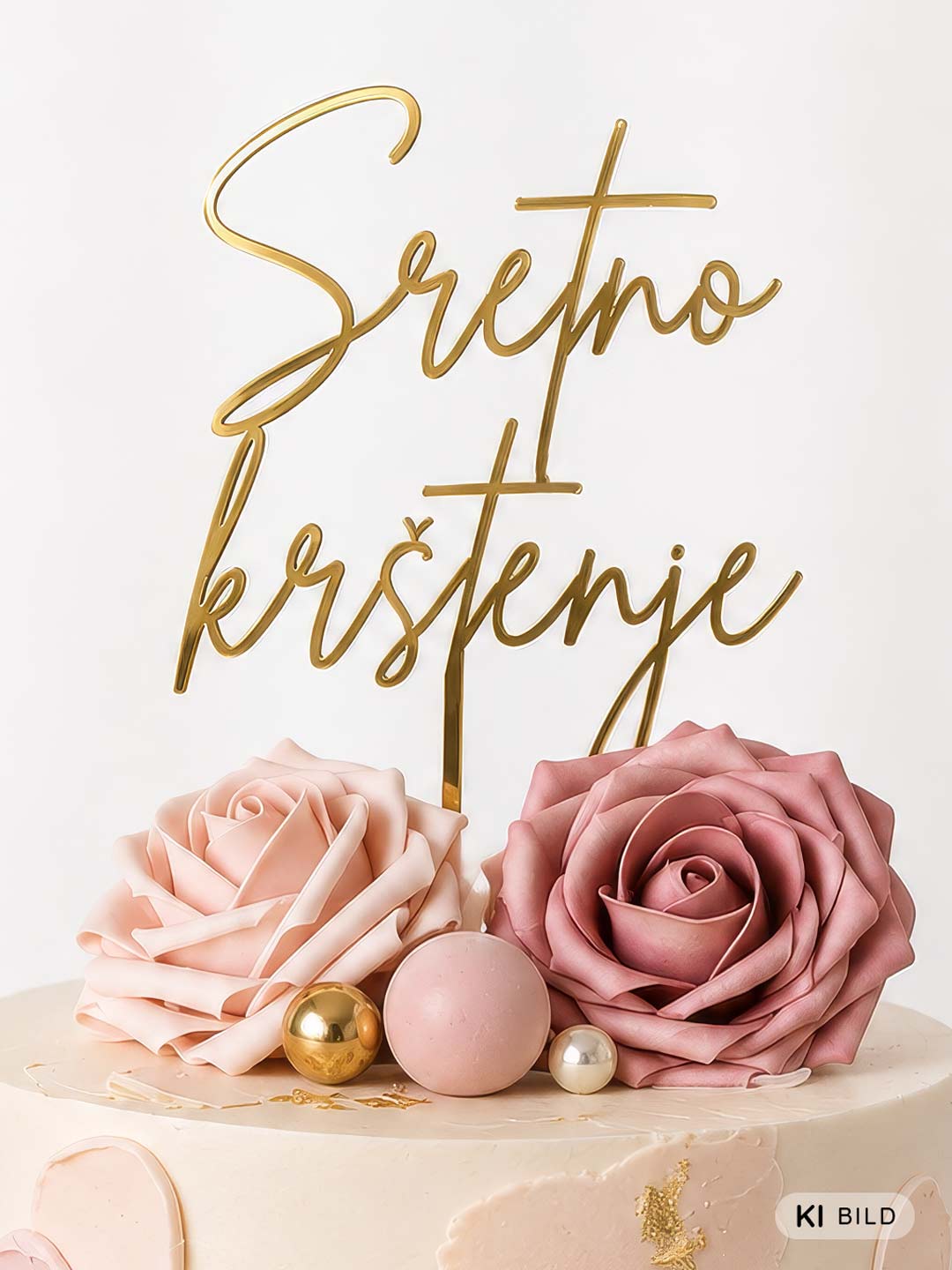 Goldener Cake Topper "Sretno krštenje" auf Taufe-Torte mit Rosen