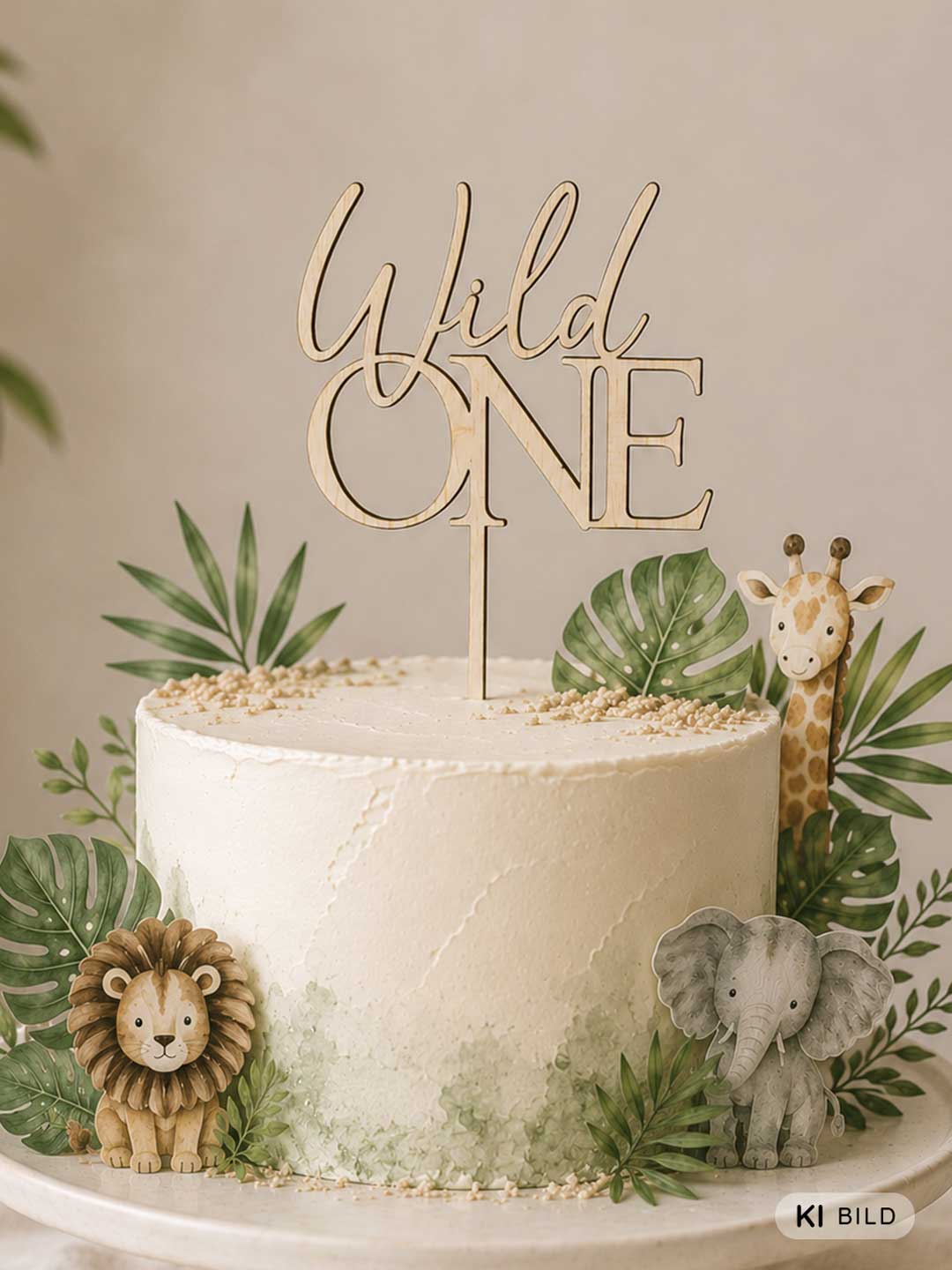 Holz Cake Topper "Wild ONE" auf weißer Torte mit Dschungeltieren zum ersten Geburtstag