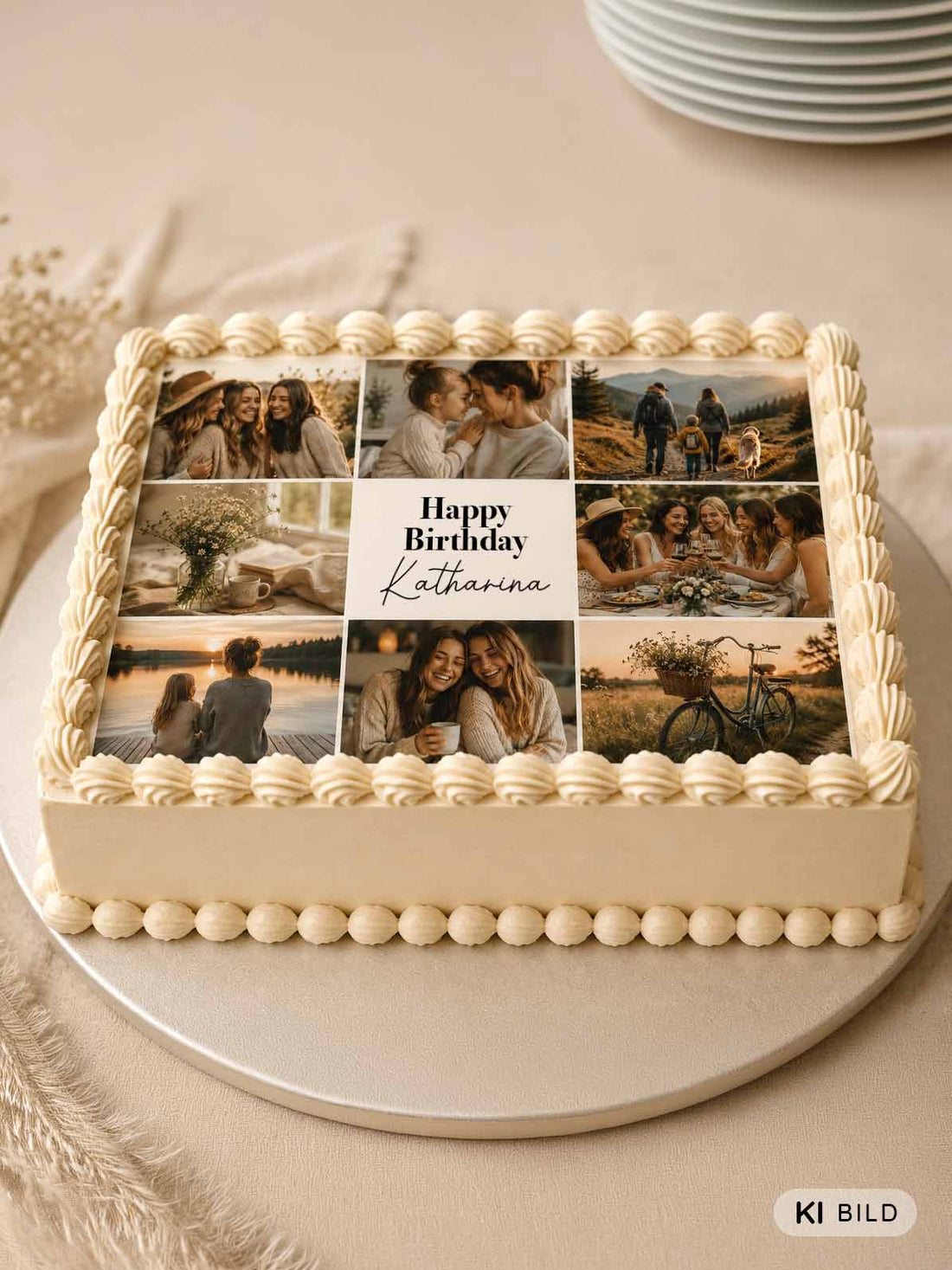 Essbarer Foto-Collage Tortenaufleger mit 9 Bildern, Happy Birthday Schriftzug und Name Katharina