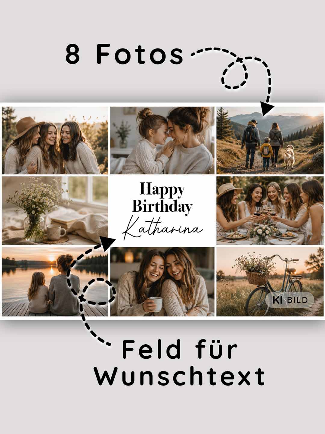 Essbarer Foto-Collage Tortenaufleger mit 9 Bildern, Happy Birthday Schriftzug und Name Katharina