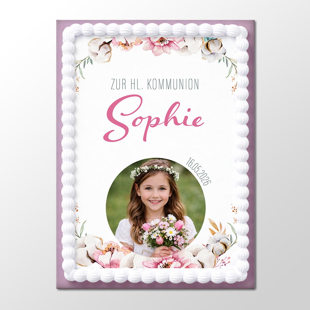 Kommunion Foto Tortenaufleger Blumen rechteckig