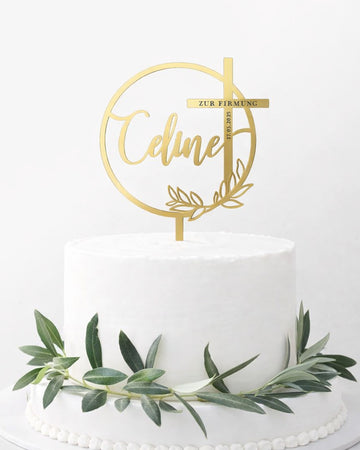 Taufe Kommunion Firmung Cake Topper Kreuz mit Wunschname floraler Ring