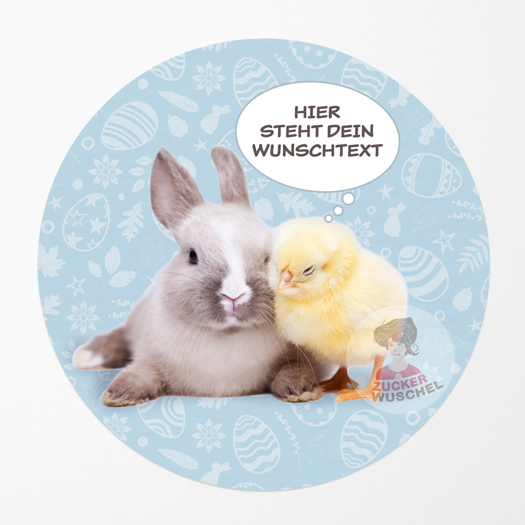 Tortenaufleger Osterhase und Küken mit Wunschtext blau